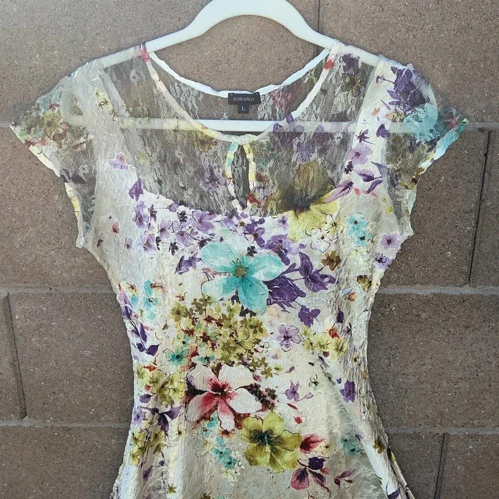 NWOT Komarov Floral Crinkle Lace Satin Midi Dress Large Fit & Flare Keyhole Chic